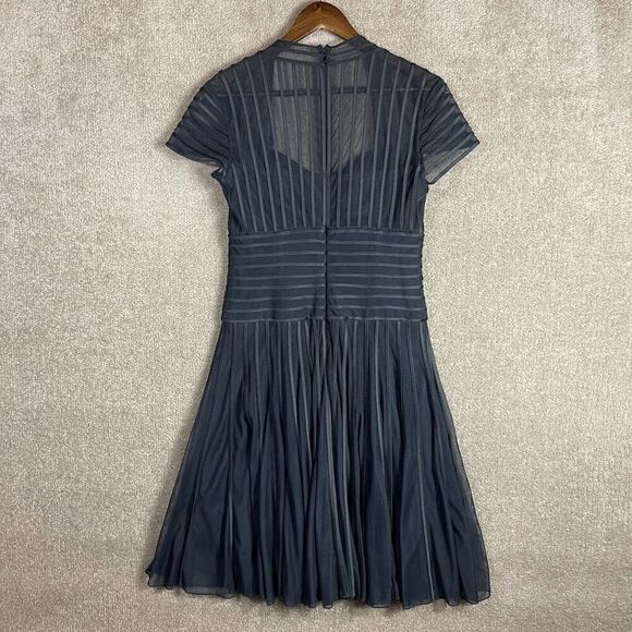 JS Collections Cocktail Dress Size 6 Black Mesh Striped Faux Leather Trim - Picture 10 of 11